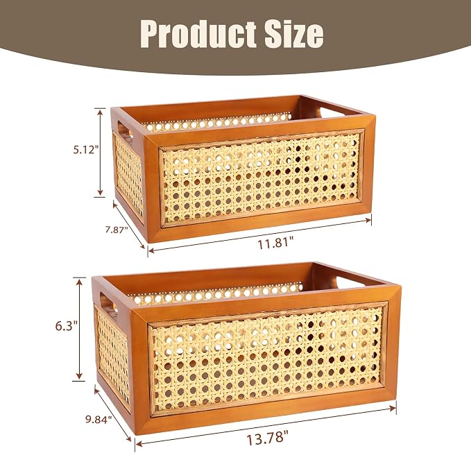 Rattan Storage Baskets Set, Wooden Frame with Woven Cane Design, Nesting Organizer Bins for Living room Bedroom Bathroom Kitchen Shelf, Set of 2