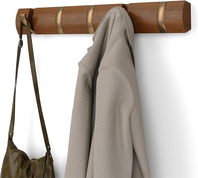Umbra Flip Coat Rack, Wall Mounted 5-Hook Space Saving, Walnut/Gold | Real wood and steel build, retractable hooks fold flat, holds coats bags and scarves, easy install