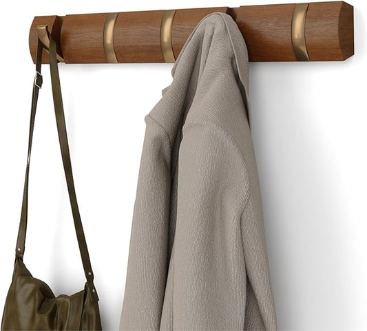 Umbra Flip Coat Rack, Wall Mounted 5-Hook Space Saving, Walnut/Gold | Real wood and steel build, retractable hooks fold flat, holds coats bags and scarves, easy install