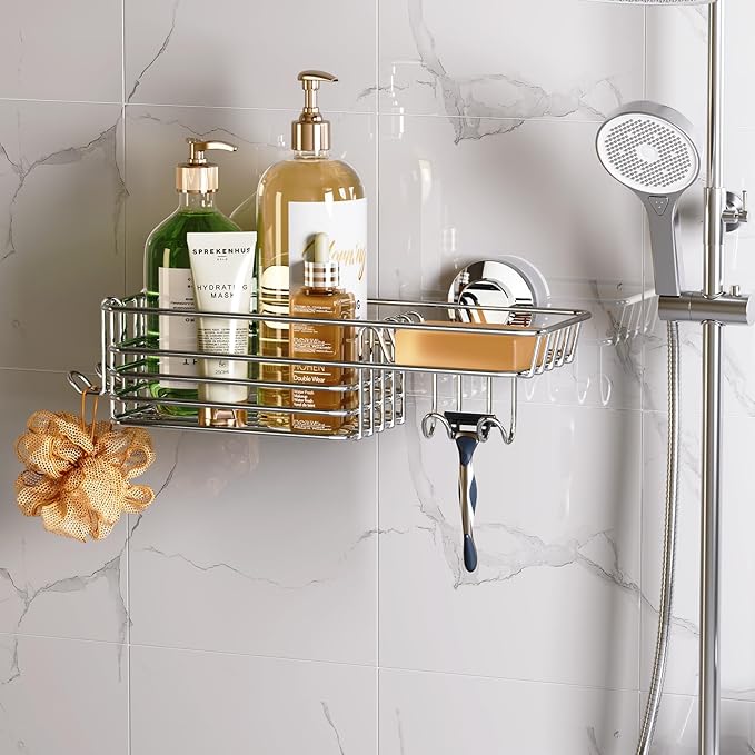 LEVERLOC Shower Caddy Suction Cup Shower Shelves Shower Holder，Silver | No Drill, Heavy Duty, Small, Wall Mount, Soap Holder, Shampoo Holder