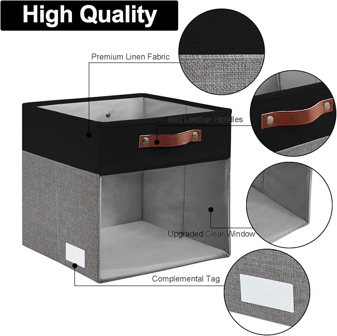 Storage Cubes, 4 Pack Linen Foldable Storage Bins with Clear Window and 2 Handles, 13x15x13 Storage Cube Bins for Shelf Closet, Kallax, Clothes, Books - (Gray / Black)