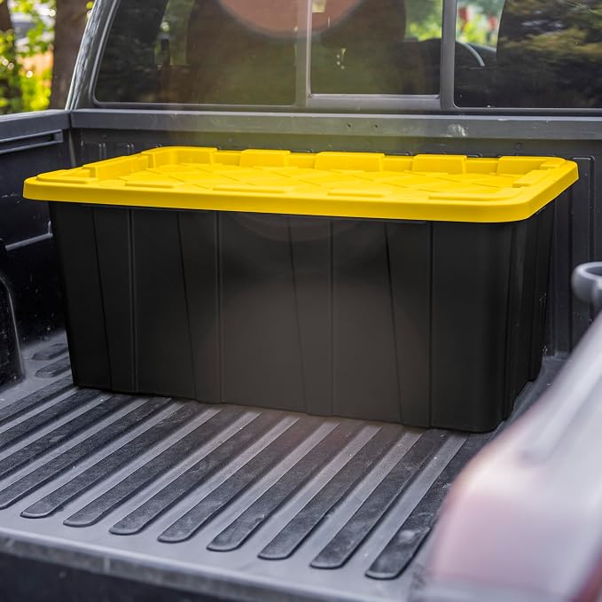 Sterilite 4-Pack Industrial Tote, Plastic Storage Container Bins with Lids, 38 Gallon - Heavy-Duty Organizing Containers for Closet, Bathroom, and Office | Heavy-Duty and Stackable Utility Box Containers for Home, Office, and Basement Organization, Bla...