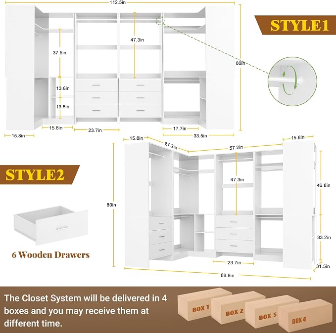 Aheaplus Closet System with 6 Drawers, 6 Hanging Rods & Corner Tower, Corner Closet System with Hanging, 112.5" U-Shaped Walk-In Wardrobe Organizer, 2000+ lbs Capacity, Set of 4, -U4, White