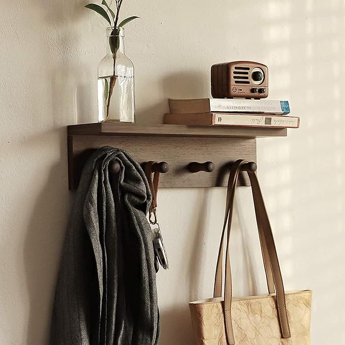 Entrance Coat Rack ，Coat Hooks, Wall-Mounted Wooden Hook Rack, Wall-Mounted Shelves are Very Suitable (Walnut Color Finish—A-2)
