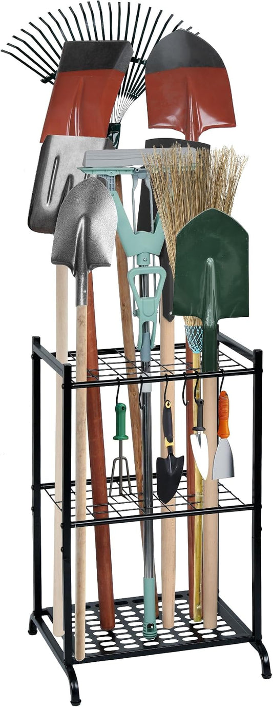 RANXFLOAT Garden Tool Organizer with Storage Hooks, Yard Tool Tower Rack for Garage Organization and Storage, Up to 35 Long-Handled Tools, Metal Tool Holder with 6 Hooks, Black