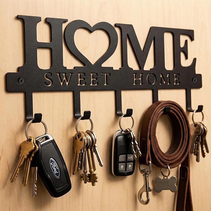 Entryway Key Holder Wall Mount with 5 Hooks, 13" Metal “Sweet Home” Key Rack Organizer for Wall, Decorative Key Hanger for Entryway, Hallway & Mudroom, Housewarming Gift, Black