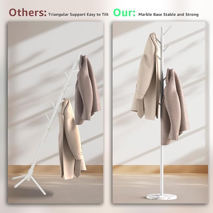 HzTinT Coat Rack with Natural Marble Base, 3 Adjustable Height Coat Tree | with 8 Metal Hooks, Holds Coats, Bags & Hats, For Entryway, Bedroom and Office, White