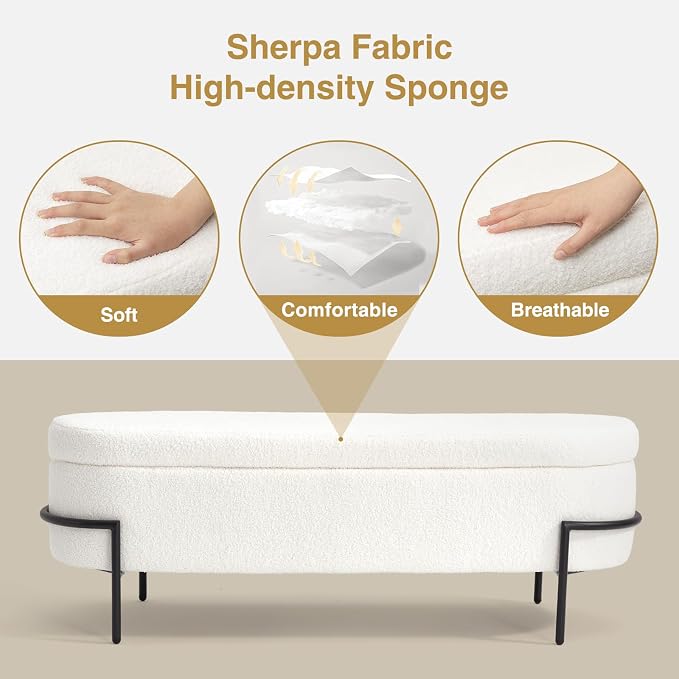 FiveWillowise 45 Inch Sherpa Storage Ottoman Bench,End of Bed Bench | Upholstered Boucle Storage Bench with Storage,Metal Stand and Hinges,Oval Ottomans for Living Room,Bedroom,White