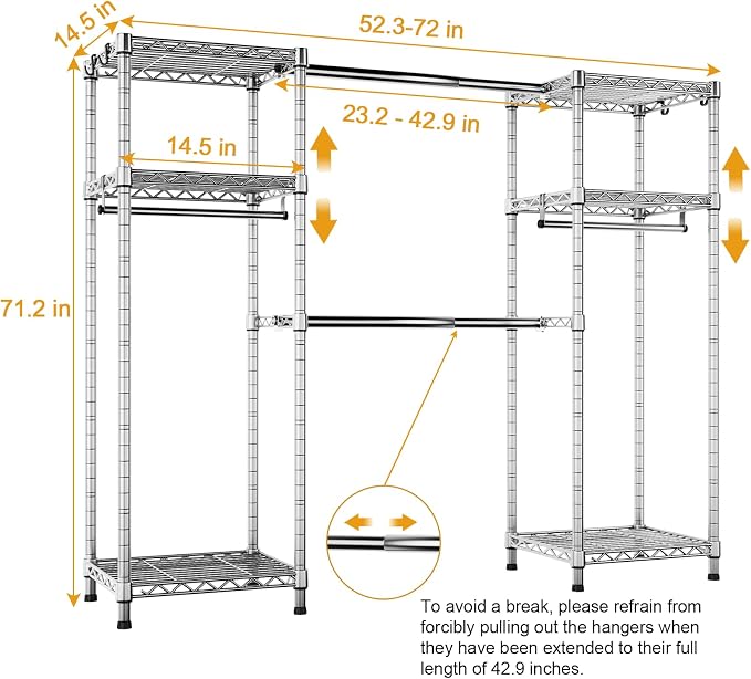 Ulif E7 Heavy Duty Closet Garment Rack, Clothes Storage Organizer System | Metal Freestanding Clothing Racks with 2 Extendable Rods and 6 Shelves, Portable Wardrobe Closets for Holding 838lbs, Chrome