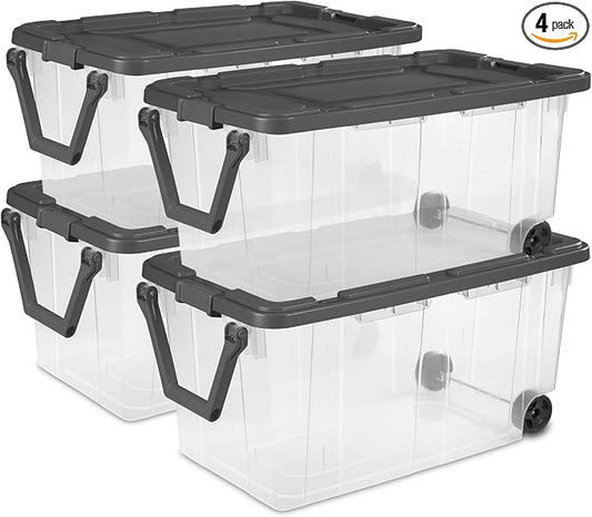 Sterilite 4-Pack Modular Stacker Box, Durable Clear Plastic Storage Bins with Latching Lids, 160 Quart - Stackable Organizing Container Boxes for Closet, Bathroom, and Office
