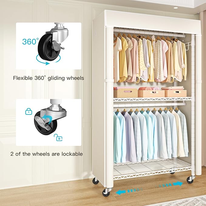 White Clothing Rack with Beige Cover, P1C Rolling Closets with Wheels, Metal Garment Rack for Hanging Clothes, Clothing Storage Wardrobe, 36.2" W x 16.5" D x 80.5" H, Load 450 Pounds
