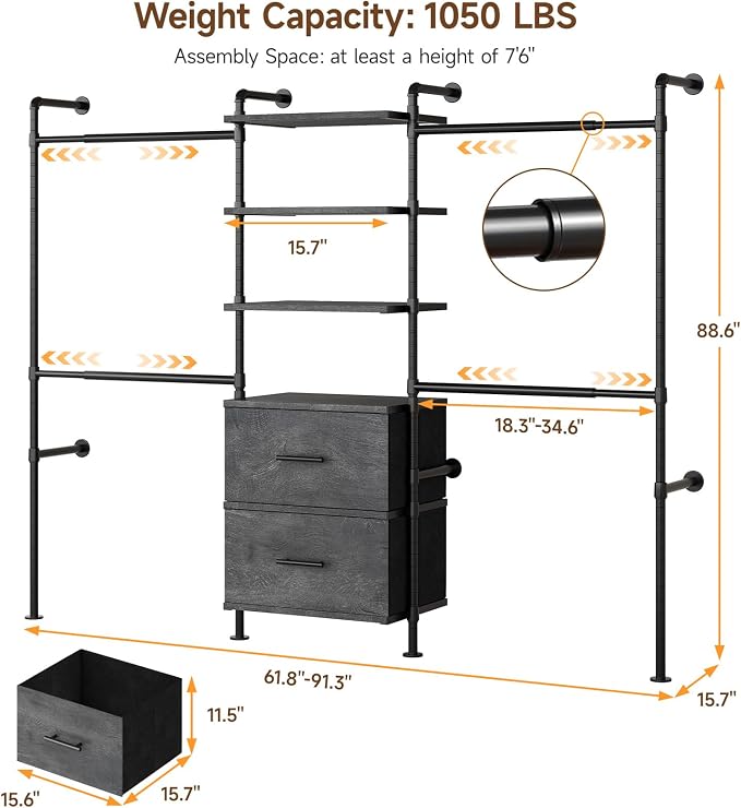 T3 Wall Mounted Industrial Pipe Closet Organizers Storage System | Metal Clothing Rack with 2 Drawers, 6 Wooden Shelves & 4 Expandable Rods, Heavy Duty Garment Rack, Wardrobe (Grey)