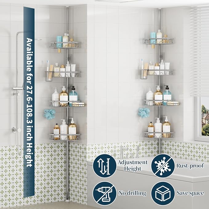 Consumest Shower Caddy Tension Pole, Shower Caddy Corner, Silver, 4 Tier | 304 Stainless Steel Rustproof, Adjustable 27.6-108.3 Inch, Corner Shower Shelves, Brush & Soap Holder