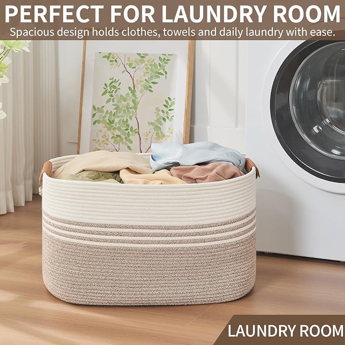 Laundry Hamper with Handles, 72L Rope Laundry Basket, Light Brown | Cotton rope clothes hamper with leather handles holds blankets, pillows, toys and laundry in nursery, bedroom or living room