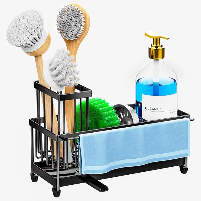Cisily Sponge Holder for Kitchen Sink, Sink Caddy Organizer with High Brush Holder, Kitchen Countertop Organizers and Storage Essentials, Rustproof 304 Stainless Steel (Black with Towel Rack, 9.25″)