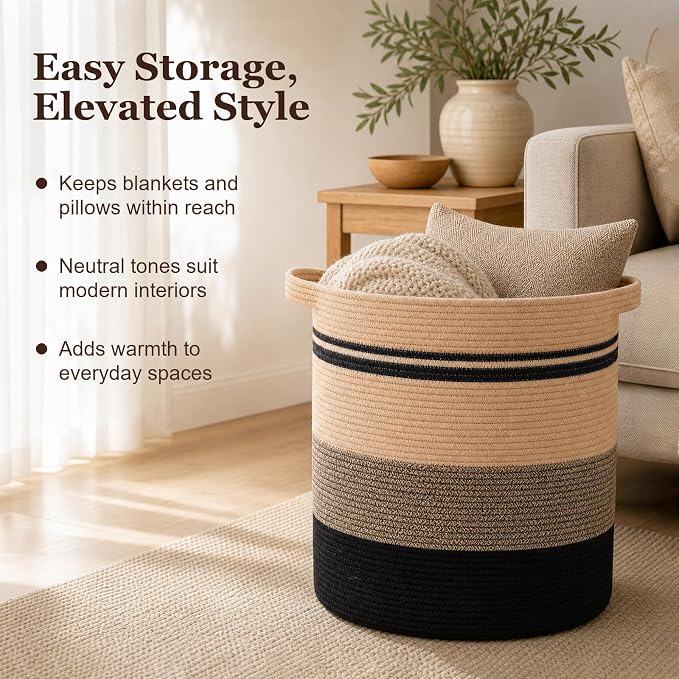 OIAHOMY 80L Laundry Baskets-Laundry Hamper,Storage Basket with Handles,Decorative Basket for Living room,Woven Storage Basket for Toys Bin,Pillows, Blankets,Clothes-20x18in-Yellow Black