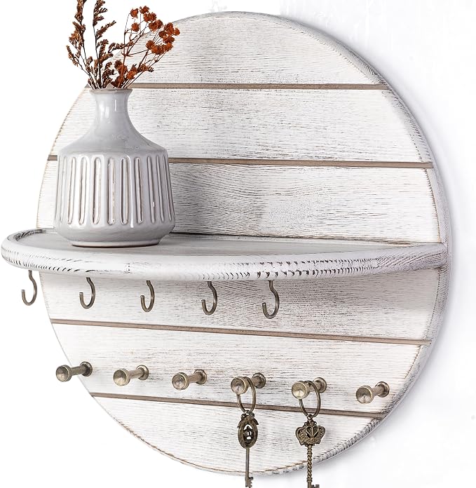 RebeeVision Pine Wood Round Key Holder Wall Mount for Wall Decor, Whitewash | Round Corner, Key Holder with Floating Shelf, Rich Wood Grain, 2 Hook Types, Key Organizer for Entryway Storage