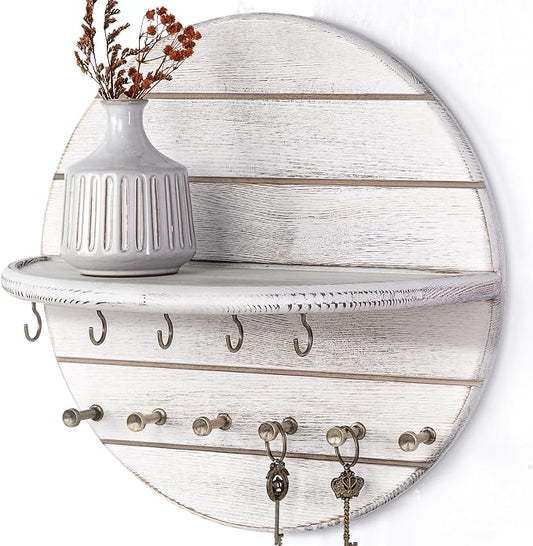 RebeeVision Pine Wood Round Key Holder Wall Mount for Wall Decor, Whitewash | Round Corner, Key Holder with Floating Shelf, Rich Wood Grain, 2 Hook Types, Key Organizer for Entryway Storage