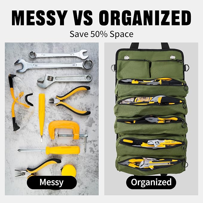 Portable Foldable Roll Up Tool Bag, Heavy Duty Tool Organizer Bag with 5 Compartments & 2 Detachable Pouches for Tools Storage, Waterproof Tool Roll Bag for Dad Men Electrician Gifts