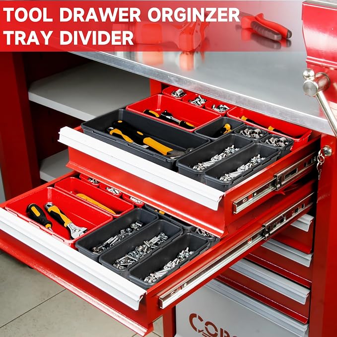 Tool Box Organizer Tray, 60 PCS & 5 Sizes, Black and Red | Heavy-Duty ABS Plastic, Interlocking Design Desk Drawer Organizer, Toolbox Organization Storage for Rolling Tool Chest