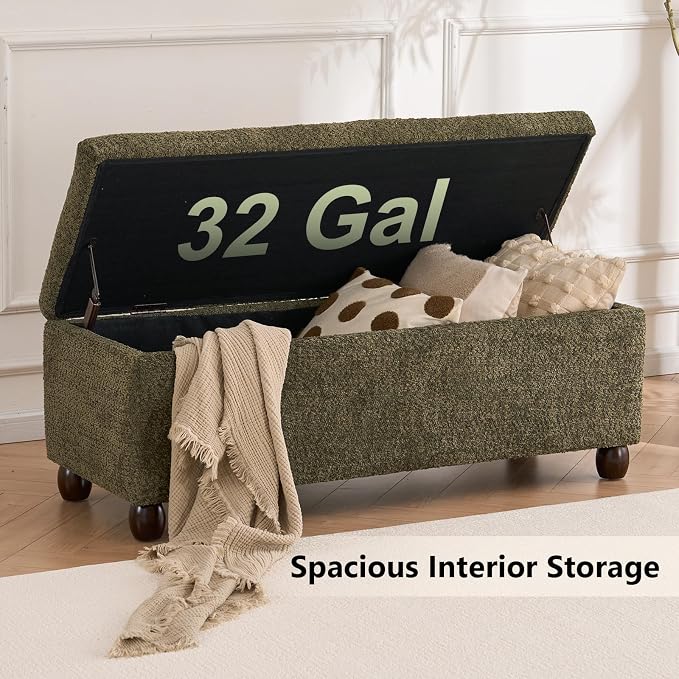 Boucle Storage Ottoman Bench, with Hidden Storage and Solid Wood Legs | Modern End of Bed Bench, Rectangle Footrest, Hidden Storage, Solid Wood Legs, Bedroom, Living Room and Entryway Use, Green