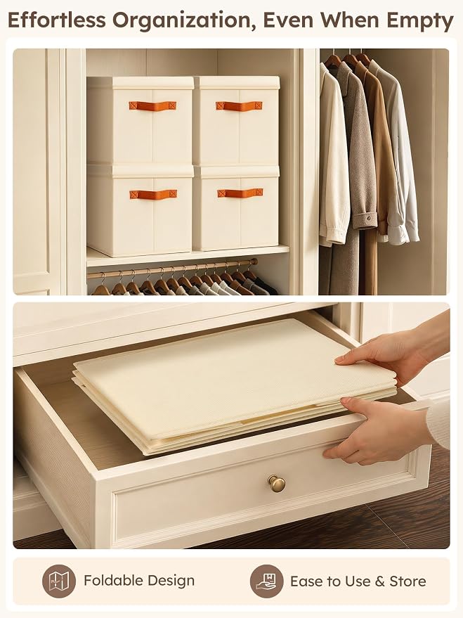 Homsorout Storage Bins with Lids - Fabric Storage Baskets for Shelves, 6 Pack Foldable Decorative Boxes with Handles, Stackable Organizer Bins for Home, Nursery, Dorm, Beige