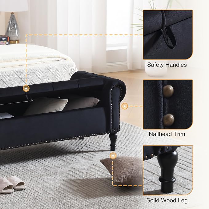 Storage Bed Bench for Bedroom, 67 Inches End of Bed Bench, Velvet King Size Bench with Arms, Tufted Button Storage Ottoman Benches, Upholstered Bench for Bedroom, Living Room, Entryway, Black