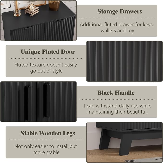 HUANLEGO Shoe Cabinet Storage for Entryway with Doors, Black | 4 Tier Fluted Shoe Organizer with 2 Drawers, Shoe Storage with Adjustable Shelves, Freestanding Hidden Shoe Rack for Entryway