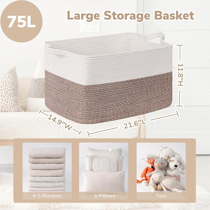 Goodpick Large Woven Blanket Basket with Handles, White & Brown | 21.6 x 14.9 x 11.8 in, Rectangle, Blankets, Toys & Towels Storage, Living Room, Bedroom & Nursery Organization