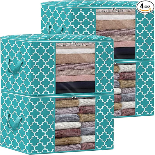 WISELIFE Storage Bags 100L 4-Pack Large Blanket Clothes Organization and Storage Containers for Bedding, Comforters, Foldable Organizer with Reinforced Handle, Clear Window, Sturdy Zippers,Green