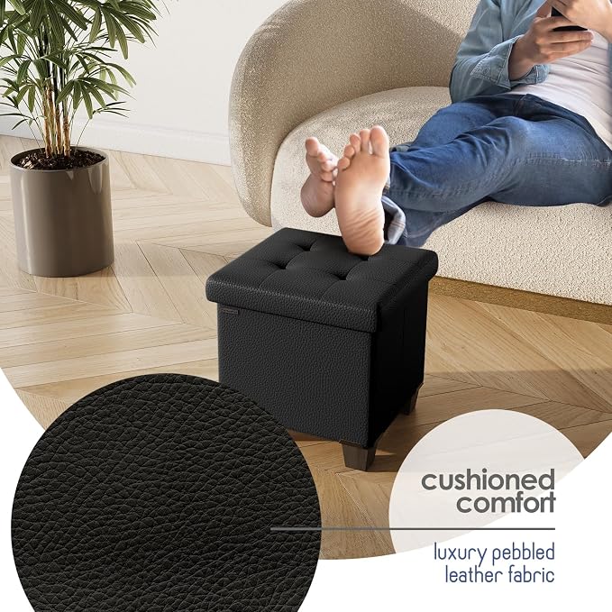 Storage Ottoman Cube with Small Bin, 15-in Square Ottoman with Storage for Living Room and Bedroom, Small Ottomans Foot Rest, Faux Leather Foot Stools Ottomans Max 330lbs, Black