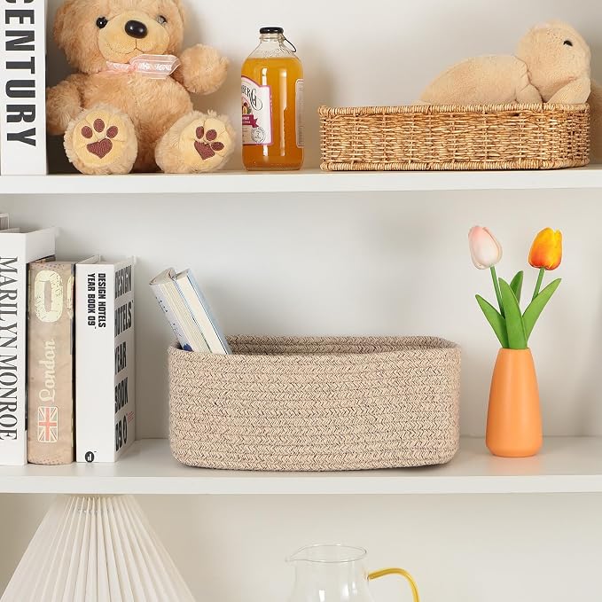 MiniArk Small Storage Baskets for Organizing | Closet Organizer Bins | Shelf Toy Basket | Woven Rope Baskets | Cube Decorative Box | Shallow Basket | 11.5x7.5x4.7” | 4 Packs Mixed Brown