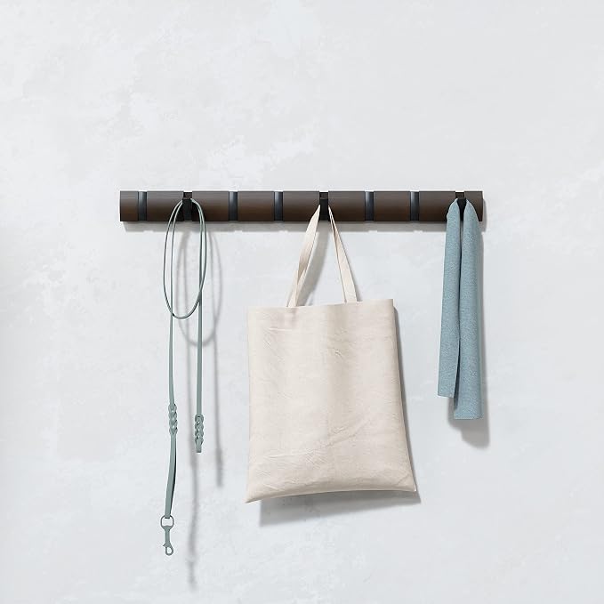 Umbra Flip Coat Rack, Wall Mount 8-Hook, Space Saving, Walnut/Black | Real wood and steel build, retractable hooks fold flat, holds coats bags and scarves, easy install