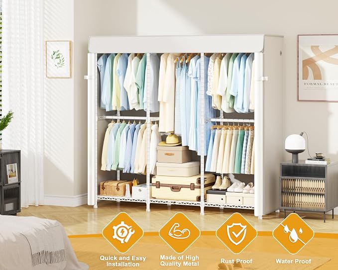E14C Heavy Duty Closet Organizer System，Freestanding Clothing Racks for Hanging Clothes，Adjustable Garment Rack 58" W × 16" D × 77" H Hold 860 lbs，White Rack with White Cover