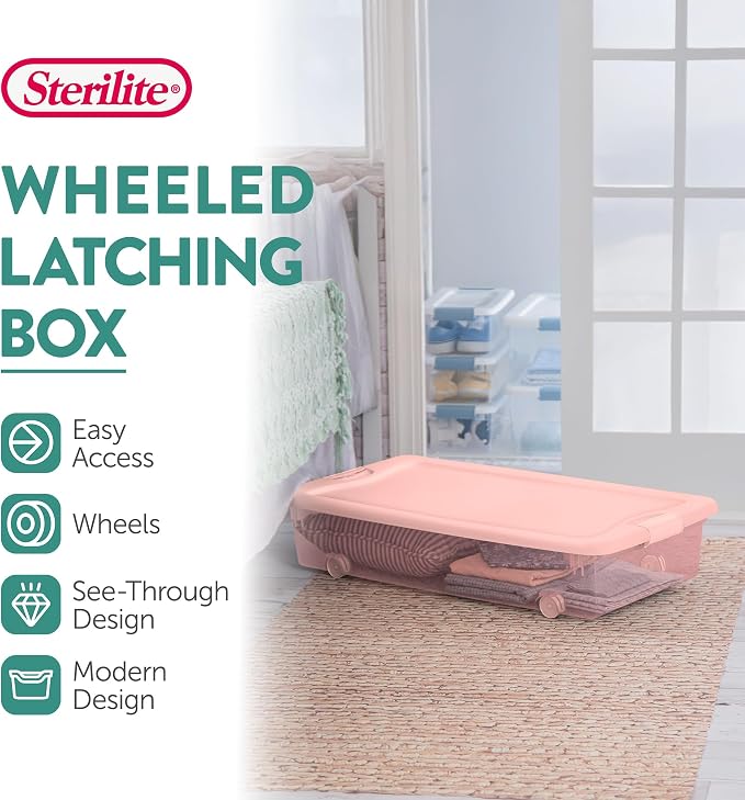 Sterilite 8 Pack Wheeled Under Bed Storage Container, 56 Qt Plastic Bin w/Latching Lid for Organization - Clothes & Shoes Organizer, Pearl Blush Tint