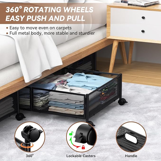 PHINOX Under Bed Storage with Wheels & Handle,Sturdy Metal,2 Pack,Black | Tool-free assembly, glide smoothly, easy reach, foldable, maxmazie low-profile beds, dorm, keep seasonal clothes, shoes fresh