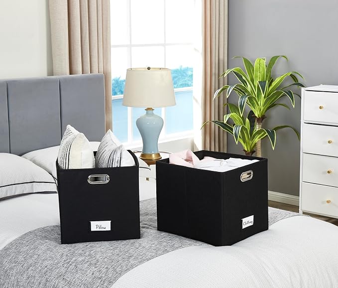 DECOMOMO Felt Storage Bins, 13x15x13 Storage Cube Bins with Labels | 4 Pack Storage Baskets for Shelves, Kallax (Black)