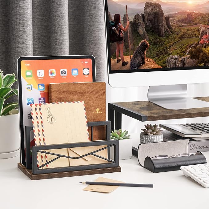 Snughome Desktop Mail Organizer, Desk Mail Organizer with 2-Slot Matte Black Metal Desktop Mail Sorter, Metal Storage File Holder Letter Sorter Organizer for Home or Office, Rustic Brown