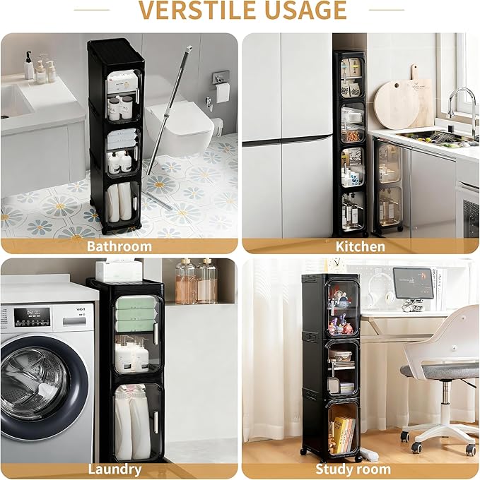 3-Tier Narrow Slim Bathroom Storage Cabinet with Wheels, Black | Tool Free Assembly, Adjustable Shelves, Fits for Narrow Spaces, Reinforced Stability, Magnetic Clear Door