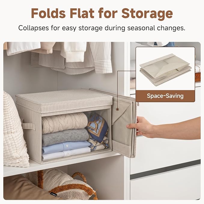 StorageWorks Fabric Storage Bins with Lids, Large Closet Storage Bins | Flip-Top Lid, Clear Window, Handles, Collapsible, for Clothes Blankets Books, Closet Box, Khaki and Beige Stripes, 2-Pack