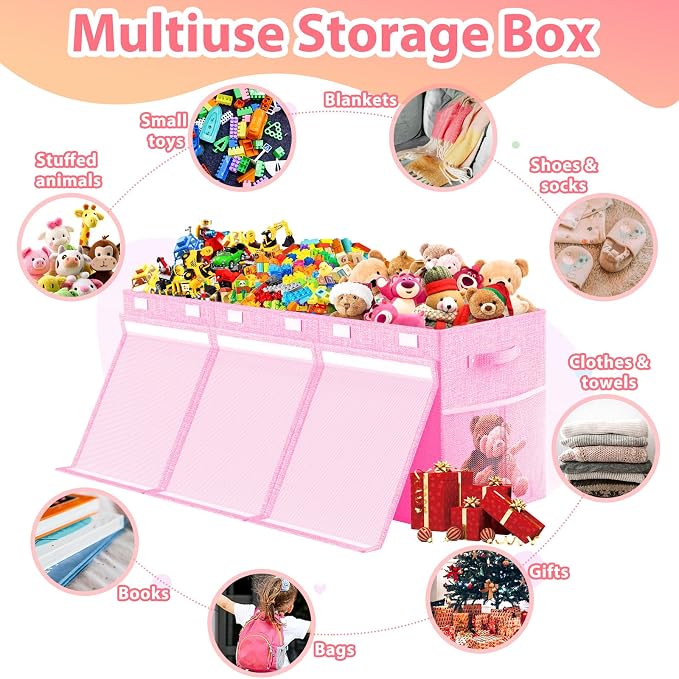 Large Toy Storage Box with Lid & Dividers, Collapsible Kids Toy Chest, Pink | Toy Box for Boys, Girls, Nursery, Bedroom, Living Room, Playroom, 40X14X16 inches