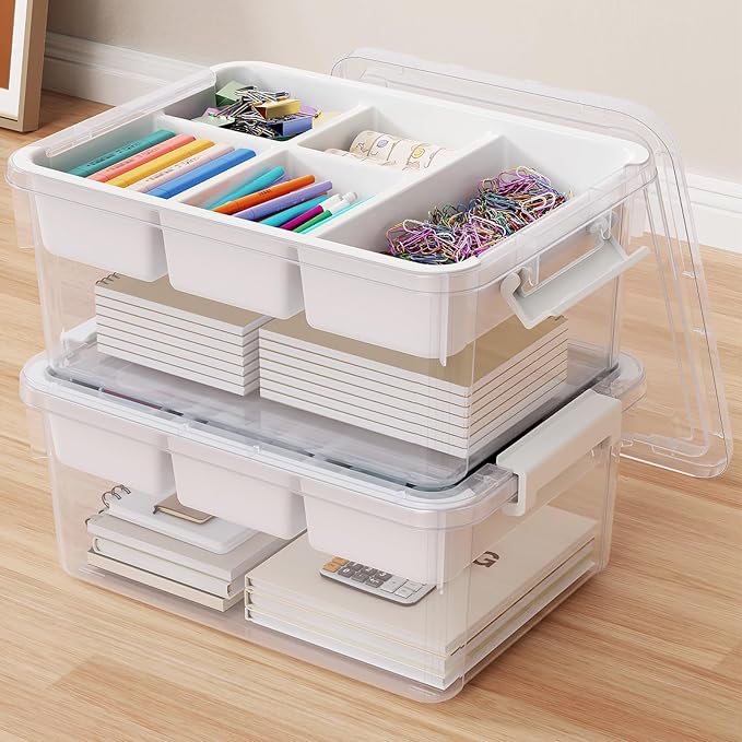 40Qt Stackable Storage Bins with Lids Trays Craft Box Organizers, 2Pack,WH | Clear Plastic Latching Boxes Organizers with Dividers Portable Containers for Arts & Crafts, Home Office Classroom Car Trunk