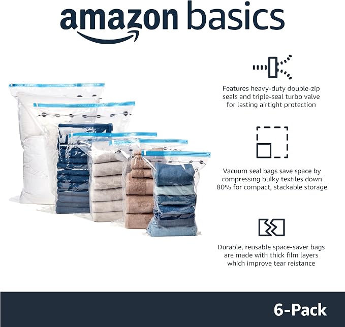 Amazon Basics Vacuum Storage Bags for Clothes, Space Saving Compression Storage Bags with Hand Pump, Heavy Duty, Stackable, Jumbo Size, Clear, 6-Pack
