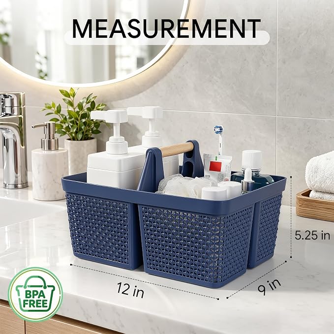UUJOLY Portable Plastic Shower Caddy Basket with Wooden Handle, Dark Blue | Divided Storage Organizer Tote for Bathroom, Dorm, College, Kitchen & RV – Lightweight, Easy-Carry Essentials Caddy