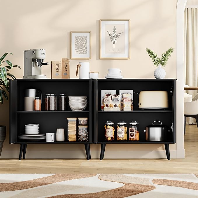 Fluted Storage Cabinet, Buffet Cabinet with Storage, Wood Sideboard with Adjustable Shelf, Modern Accent Cabinet & Console Table for Entryway, Living Room, Dining Room, Black