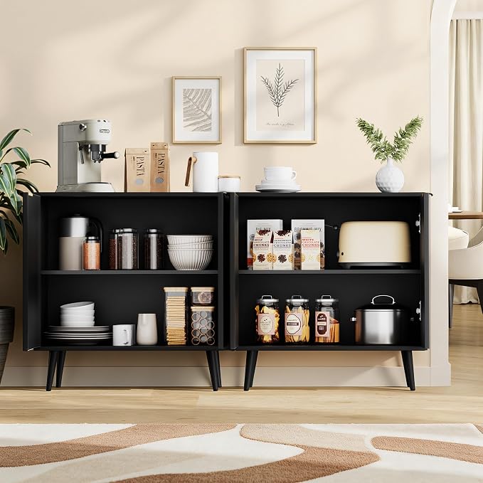 Set of 2 Fluted Storage Cabinet, Buffet Cabinet with Storage, Wood Sideboard with Adjustable Shelf, Modern Accent Cabinet & Console Table for Entryway, Living Room, Dining Room, Black