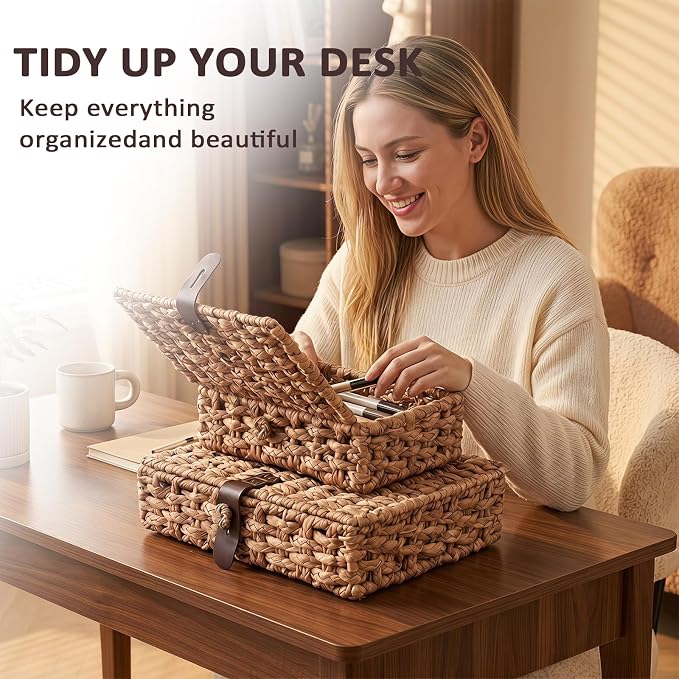 2 Pack Wicker Storage Basket with Lid, Woven Box with Lid, Wicker Basket With Lid for Shelf, Coffee Table, Console Table, Home Deco (Large/Small)