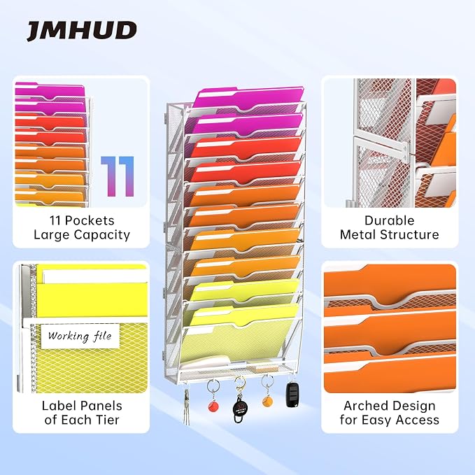 11-Tier Wall File Organizer with Base and Hooks, Hanging Organizer, White | Wall Organizer and Wall File Holder with 11 Vertical Pockets and Bottom Tray for Files, Mail, Folders, Magazines and Paper