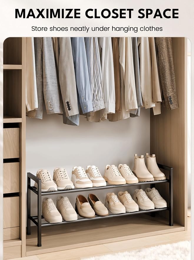 Bumusty 2 Tier Expandable Shoe Rack for Closet, Black | 18"-33" Adjustable Shoe Rack for Entryway, Small Shoe Organizer for Dorm, Front Door, Sturdy Metal