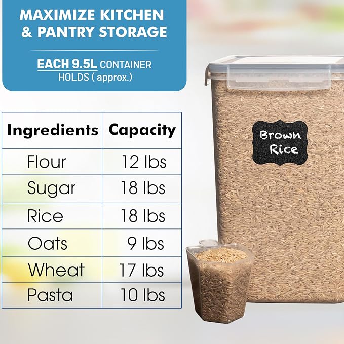 Shazo 2 PC (9.5L | 321 Oz) Extra Large Bulk Food Storage Containers with Airtight Lids for Flour, Sugar, Rice, Cereal & Pasta - Leakproof, BPA-Free Plastic Canisters for Kitchen & Pantry Organization